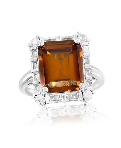 Suzy Levian Sterling Silver Emerald-Cut Cubic Zirconia Baguette Halo Ring