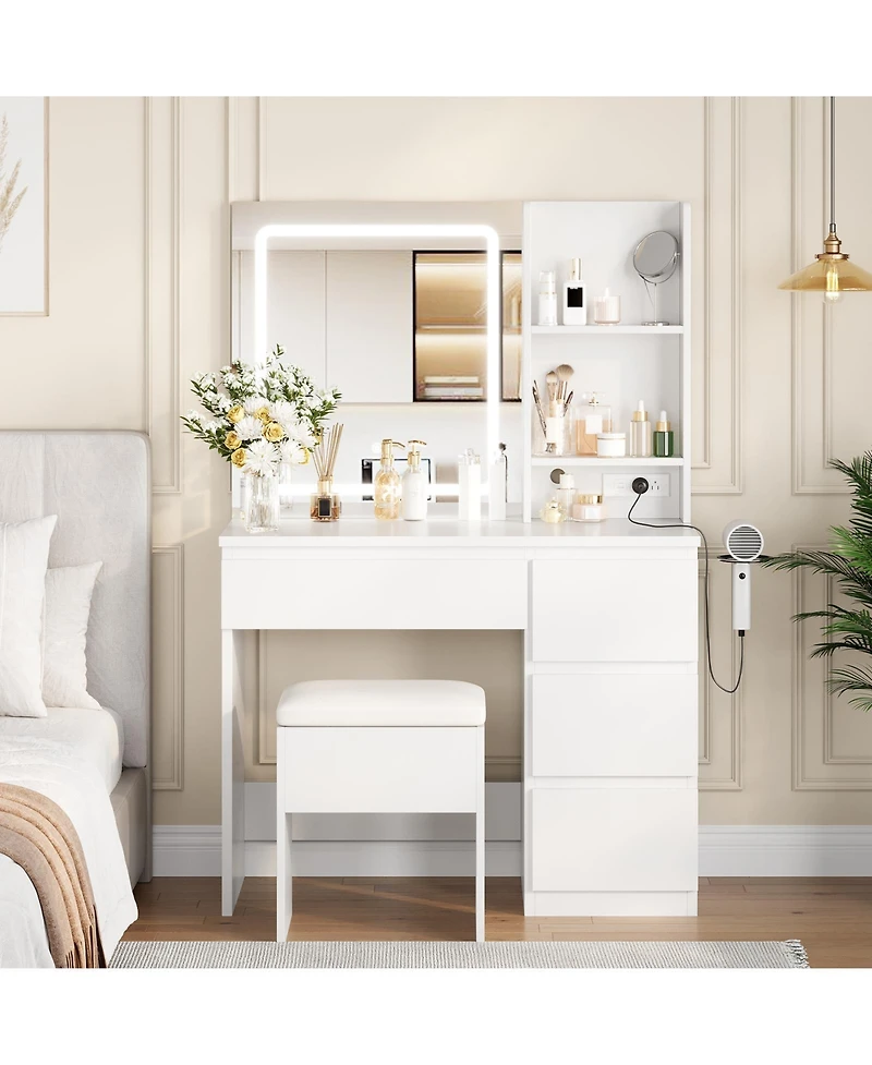 homfan Vanity Desk with Led Mirror, 4 Drawers, Power Outlet, Shelves and Storage Stool, Makeup Vanity Set for Bedroom