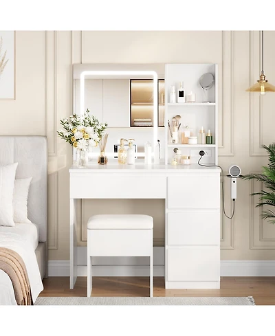 homfan Vanity Desk with Led Mirror, 4 Drawers, Power Outlet, Shelves and Storage Stool, Makeup Vanity Set for Bedroom