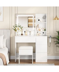 homfan Vanity Desk with Led Mirror, 4 Drawers, Power Outlet, Shelves and Storage Stool, Makeup Vanity Set for Bedroom