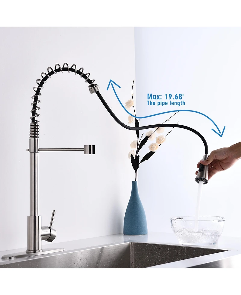 Phying Brushed Nickel Single Handle Commercial Modern Spring High Arc Kitchen Faucet Water Filter System Bends as You Want