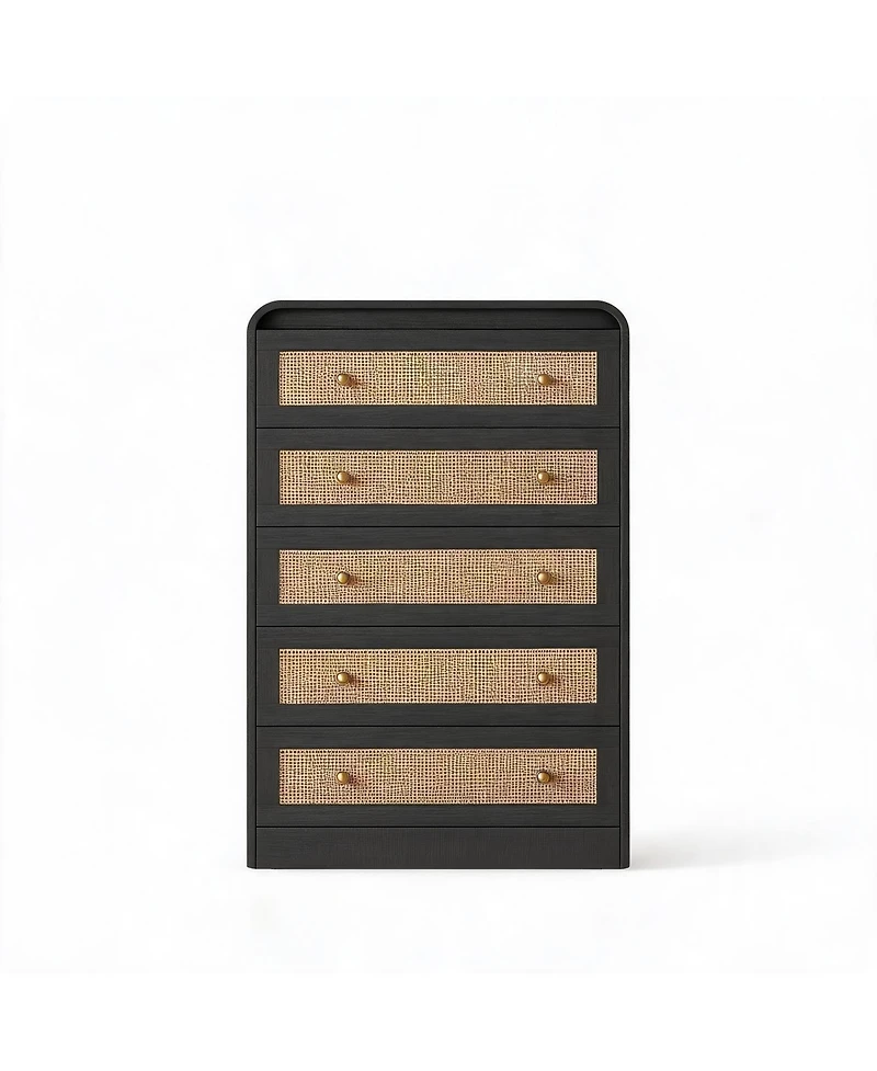 homfan 31-Inch Rattan Chest of Drawers Five with Rounded Corners, Wooden Cabinet, Suitable For Bedroom, Wardrobe, And Tv Stand.