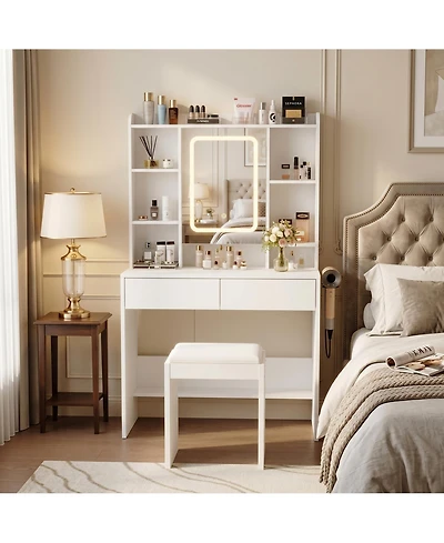 homfan Vanity Desk with Mirror and Lights, Bedroom, Adjustable 3 Color Modes, Makeup Table with Hidden Shelves, Usb Outlets, Hairdryer Holder