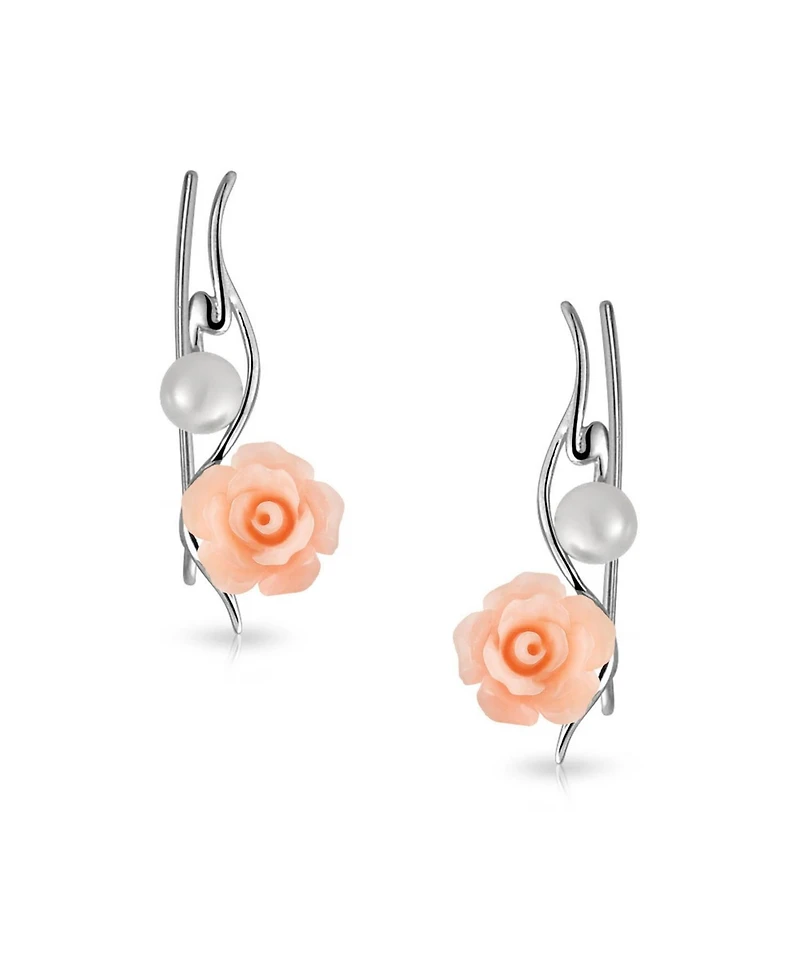 Bling Jewelry Freshwater Cultured Pearl 3D Rose Flower Climbers Crawlers Earrings .925 Sterling Silver