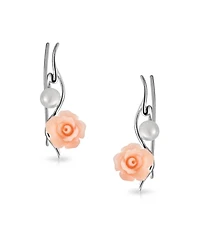 Bling Jewelry Freshwater Cultured Pearl 3D Rose Flower Climbers Crawlers Earrings .925 Sterling Silver