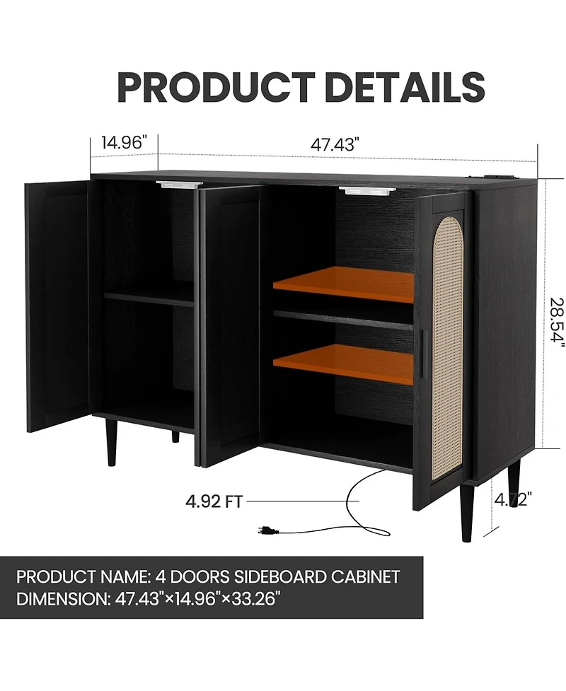 homfan Modern Boho Rattan 4-Door Storage Console, Sideboard Buffet with Built-in Power Outlet and Adjustable Shelves for Multi-Room Use