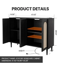 homfan Modern Boho Rattan 4-Door Storage Console, Sideboard Buffet with Built-in Power Outlet and Adjustable Shelves for Multi-Room Use