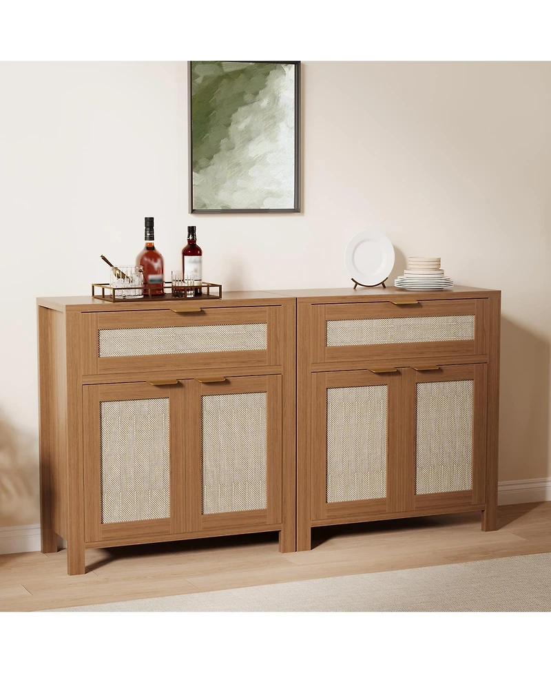 homfan Farmhouse Rattan Sideboard Buffet Cabinet, Adjustable Shelf and Drawer, Multi-Purpose Storage Console Table for Entryway, Living Room
