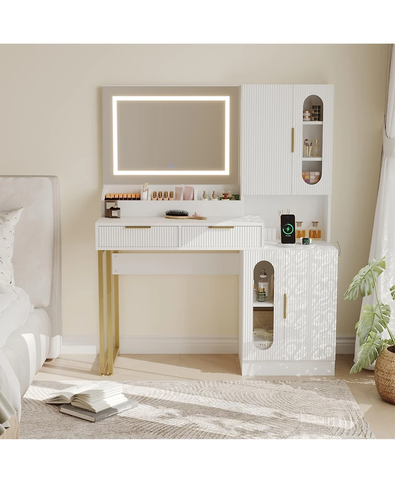 homfan Modern Fluted Vanity Desk with Led Mirror, Charging Station, 2 Drawers and 2 Cabinets, Spacious Wooden Makeup Table for Bedroom or Dorm
