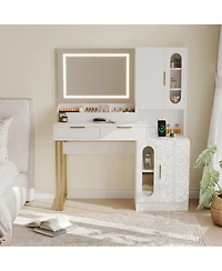 homfan Modern Fluted Vanity Desk with Led Mirror, Charging Station, 2 Drawers and 2 Cabinets, Spacious Wooden Makeup Table for Bedroom or Dorm