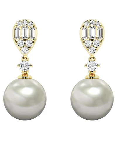 Macy's Cultured Freshwater Pearl (8-9mm) & Diamond Earrings in 14k Yellow Gold