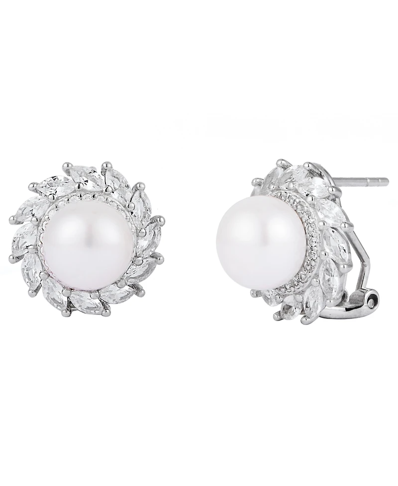 Belle de Mer Cultured Freshwater Pearl (8-9mm) & Lab-Grown Sapphire Earrings in 925 Sterling Silver