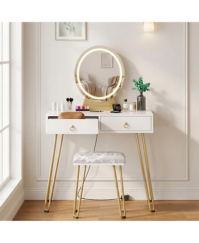 homfan Vanity Desk Set with Lighted Mirror, Soft Cushioned Stool, 3 Lighting Modes Dressing Table, 2 Drawers for Bedroom