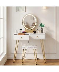 homfan Vanity Desk Set with Lighted Mirror, Soft Cushioned Stool, 3 Lighting Modes Dressing Table, 2 Drawers for Bedroom