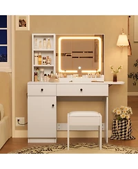 homfan Elegant Makeup Vanity Set with Led Mirror, Power Outlet, Drawers, Cabinet, Shelves and Stool, Dressing with Ample Storage for Dorm Home