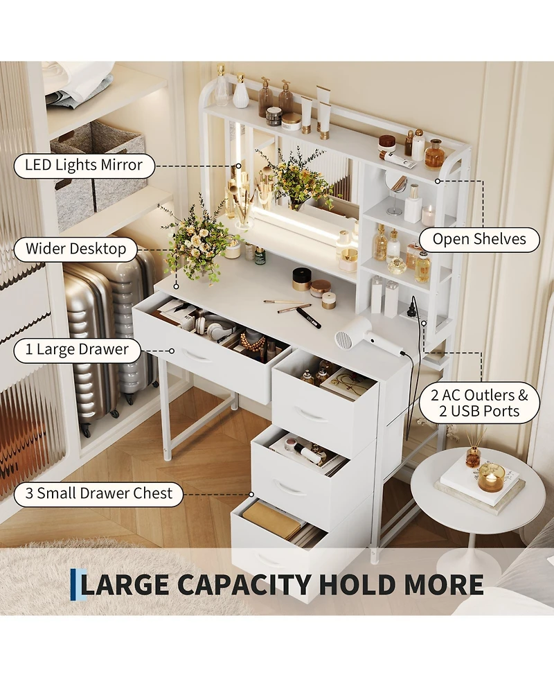 homfan Vanity Desk with Square Mirror, 35.4"Makeup Vanity Table with Shelves, 4 Fabric Drawers Storage, Modern Dressing Table for Bedroom
