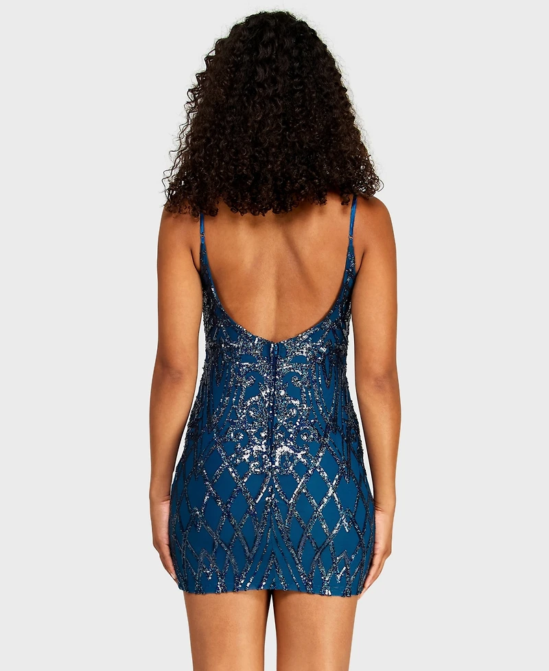 B Darlin Juniors' V-Neck Pattern Sequin Spaghetti Straps Dress