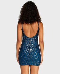 B Darlin Juniors' V-Neck Pattern Sequin Spaghetti Straps Dress