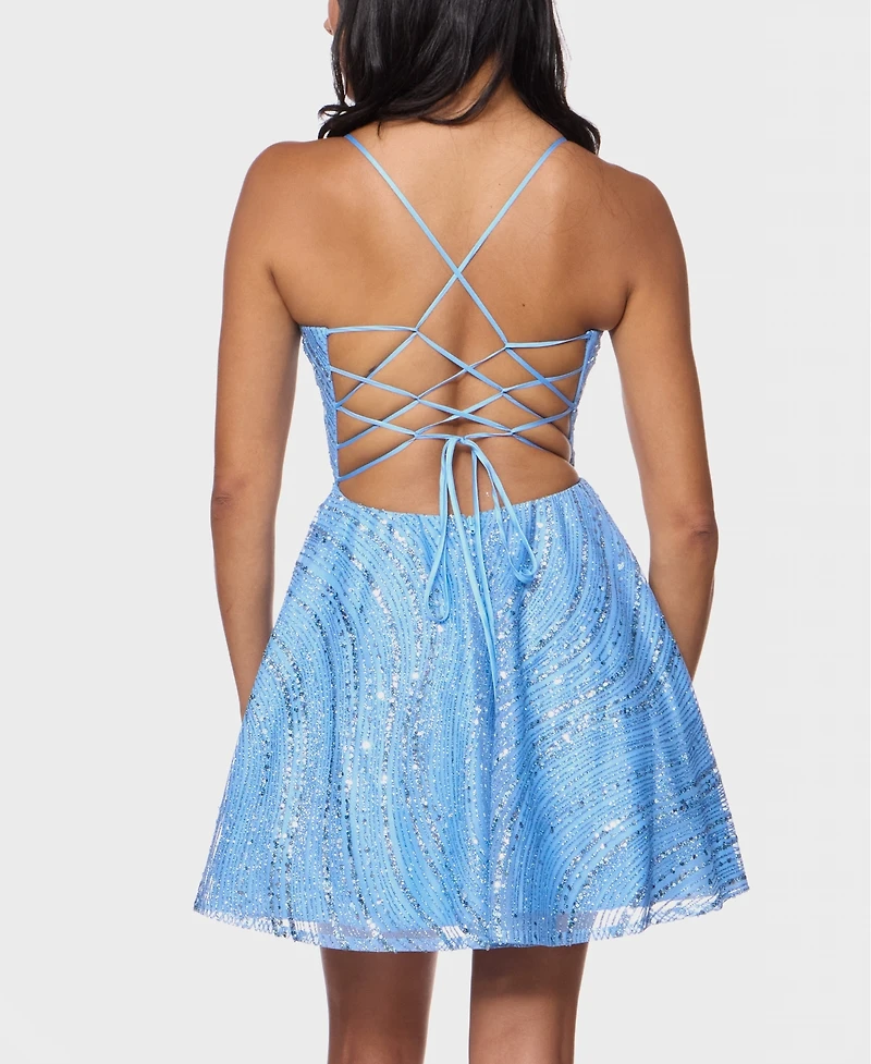 B Darlin Juniors' Straight Neck Sequin Empire Waist Glitter Dress