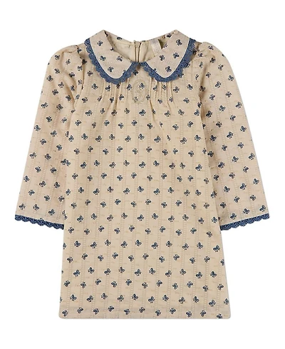 MeMoi Little Girls Embroidered-Bow 100% Cotton Pointelle Lace-Trim Mini-Print Dress
