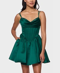 Alex & Sophia Juniors' Drape Stone Detail Neck Satin Dress