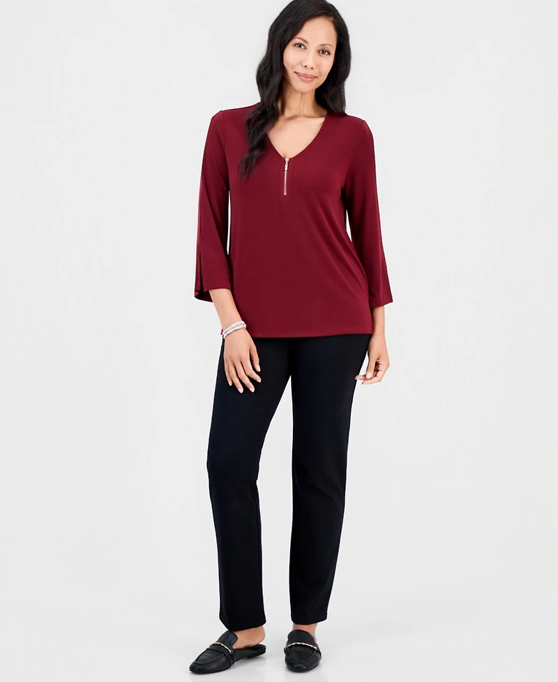 Jm Collection Petite V-Neck 3/4-Sleeve Zip-Front Blouse, Macy's Exclusive