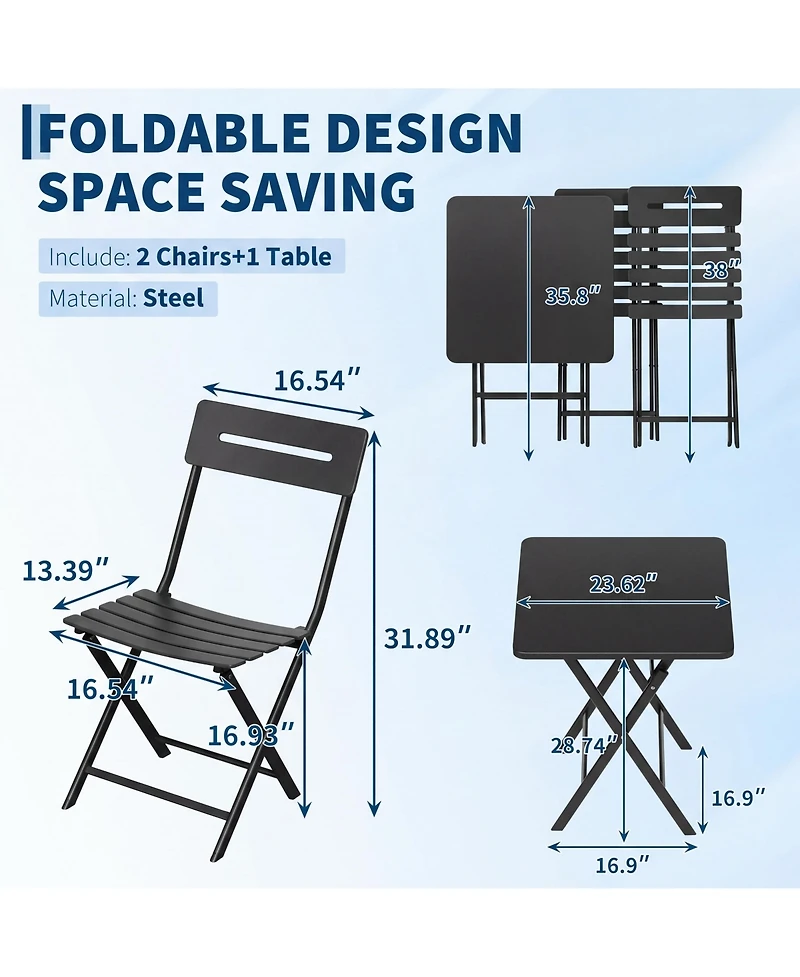 GarveeLife 3-Piece Folding Bistro Set for Patio, Balcony or Garden – Space-Saving Outdoor Table and Chairs, Easy Setup