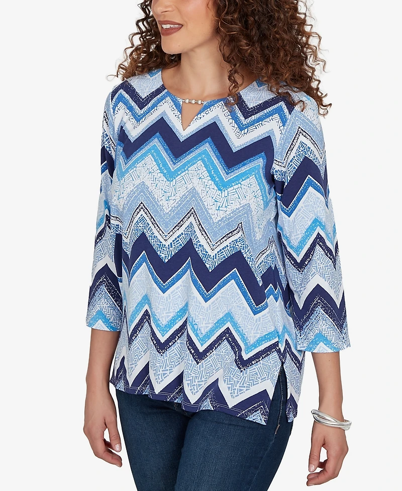 Alfred Dunner Women's Chevron Blues Split Neck Top
