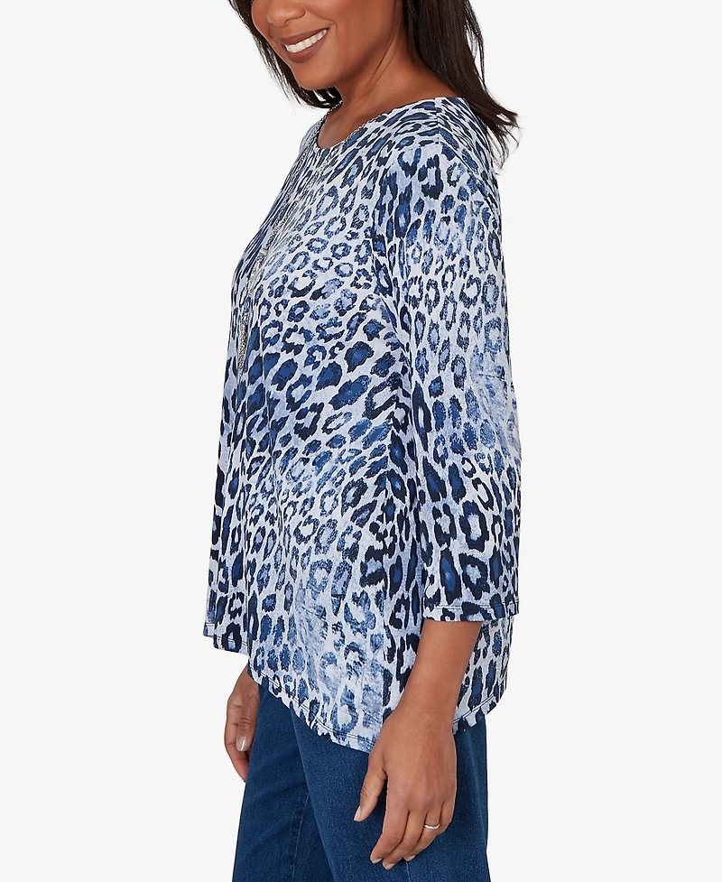 Alfred Dunner Women's Animal Puff Printed Top with Necklace