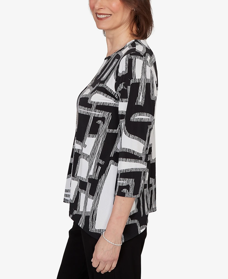 Alfred Dunner Women's Geo Boxes Puff Printed Top with Necklace
