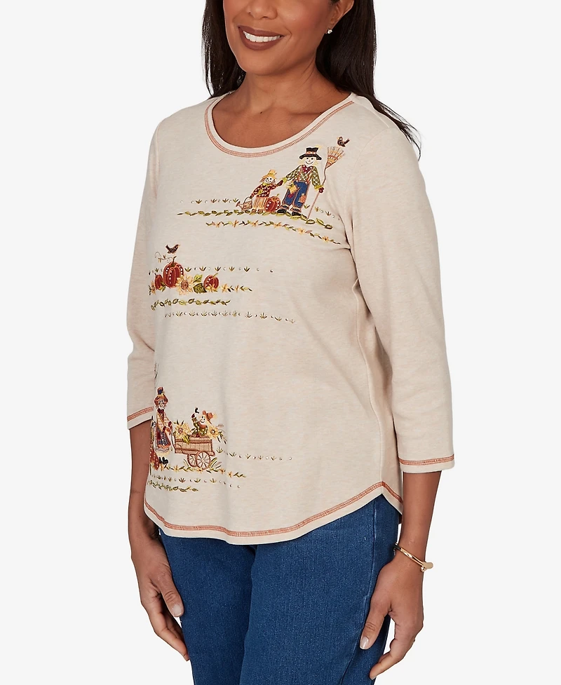 Alfred Dunner Women's Scarecrow Family Embroidered Top
