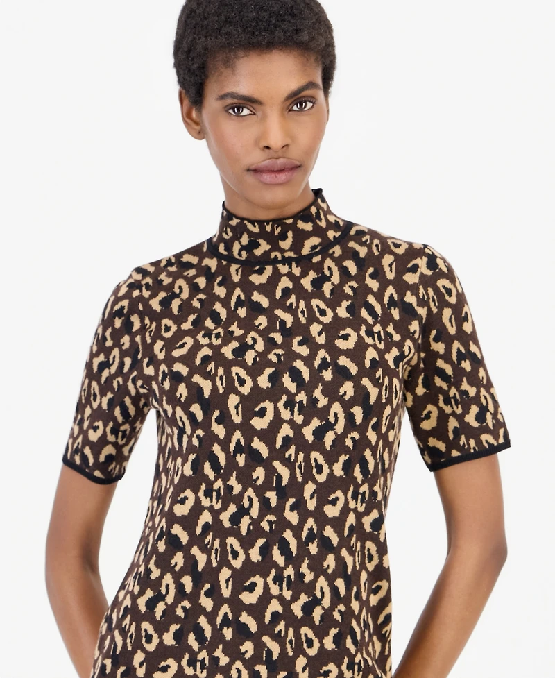 Anne Klein Women's Animal-Print Mock-Neck Short-Sleeve Sweater