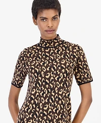 Anne Klein Women's Animal-Print Mock-Neck Short-Sleeve Sweater
