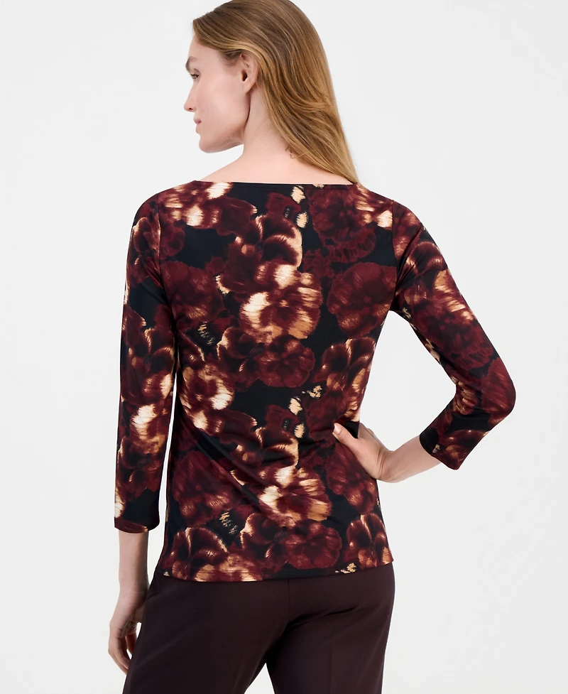 Anne Klein Women's Printed Asymmetric-Neck 3/4-Sleeve Top