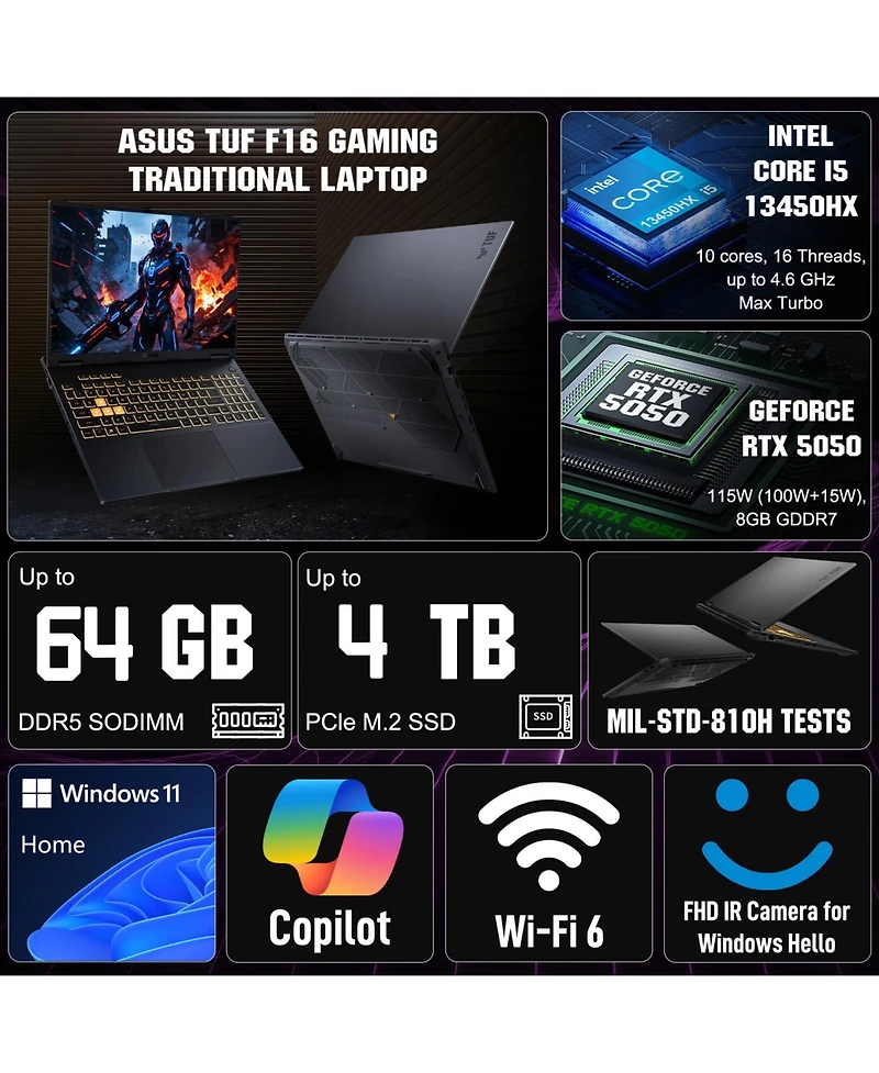 Asus Tuf F16 Traditional Laptop Intel Core i5 16GB Ram Nvidia GeForce Rtx 5050 1TB Ssd Storage Windows 11 Home 165Hz