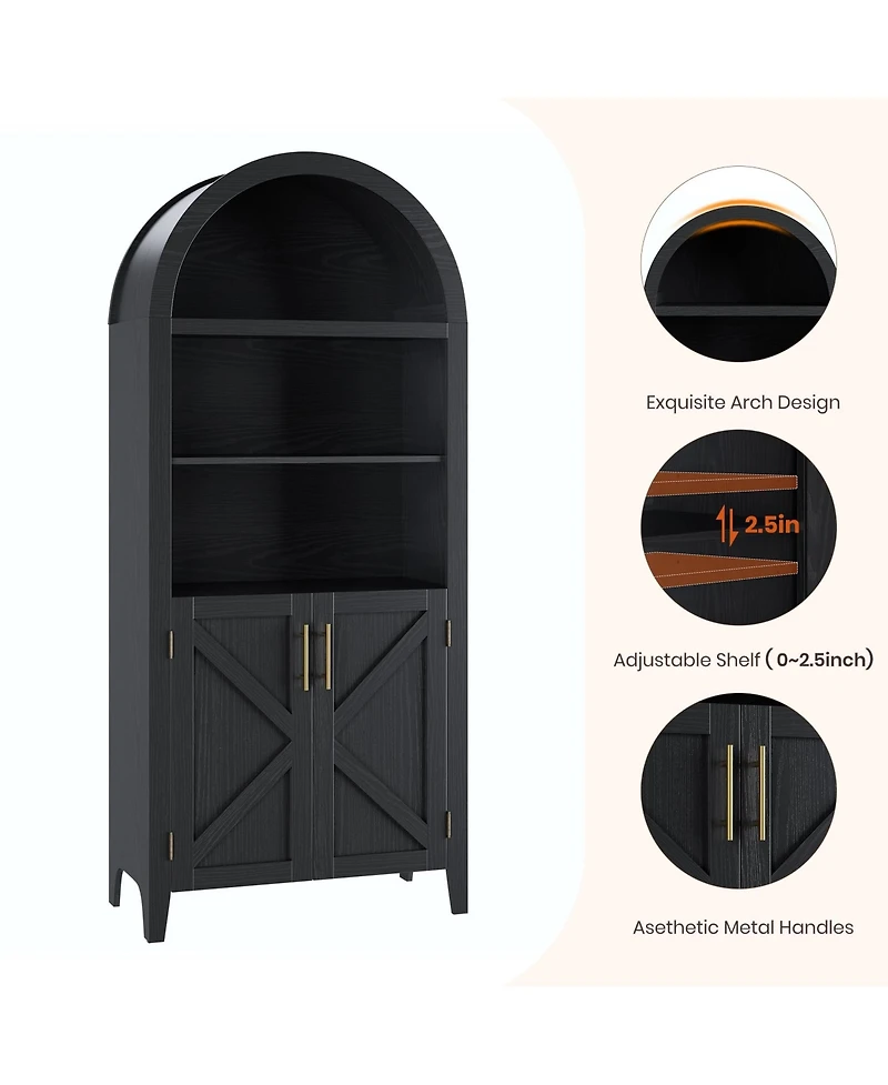 homfan Arched Kitchen Pantry Cabinet with Doors, 5-Tier Open Display Shelf Nice Texture, Farmhouse Storage for Kitchen, Living Room