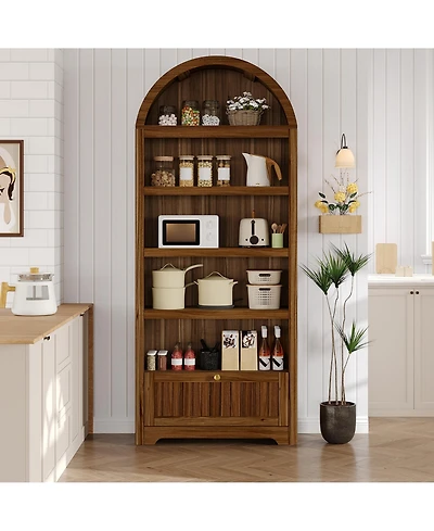 homfan 71 Inch Tall Arched Bookshelf, 6-Tier Freestanding Bookcase with Drawer and Display Shelves, Walnut Grain, Gold Handles, for Living Room