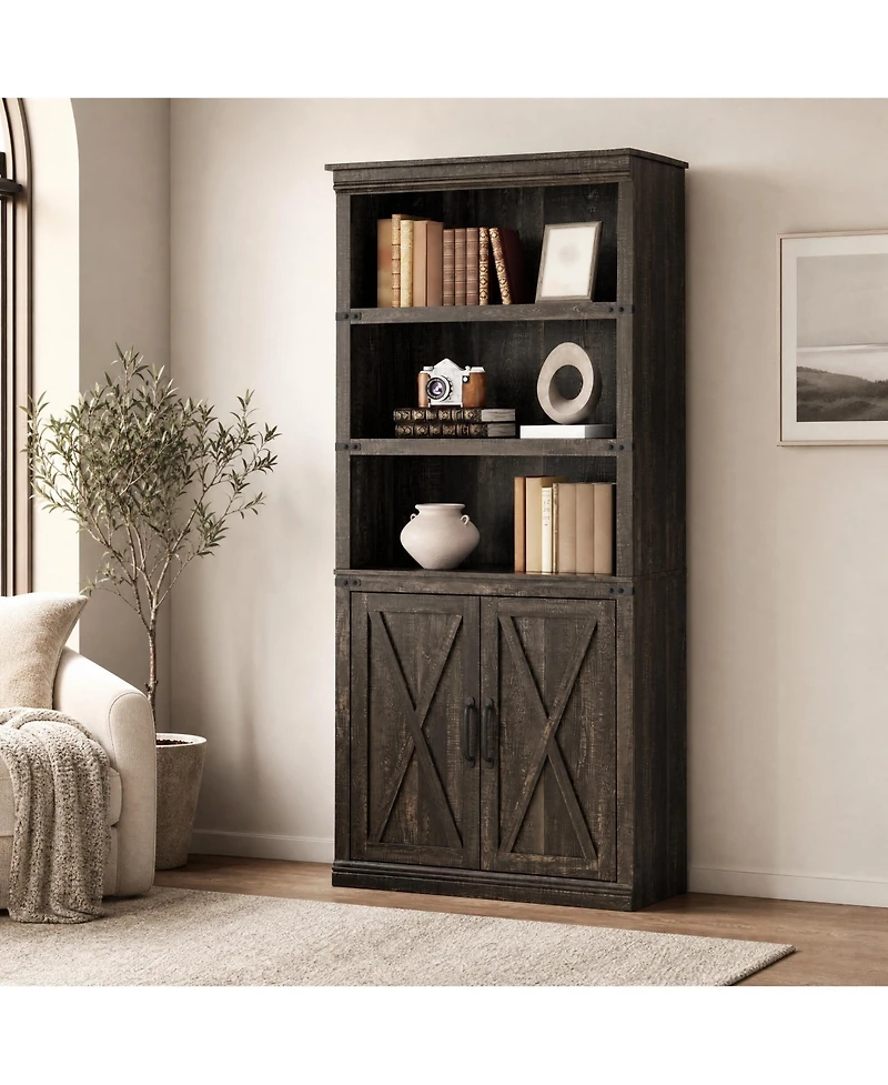 homfan Retro Bookcase with 2 Glass Doors, Display Cabinet with Shelves for Living Room Home Office Study