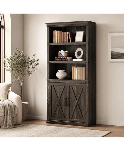 homfan Retro Bookcase with 2 Glass Doors, Display Cabinet with Shelves for Living Room Home Office Study