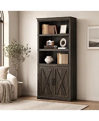 homfan Retro Bookcase with 2 Glass Doors, Display Cabinet with Shelves for Living Room Home Office Study