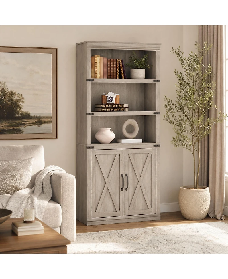 homfan Retro Bookcase with 2 Glass Doors, Display Cabinet with Shelves for Living Room Home Office Study