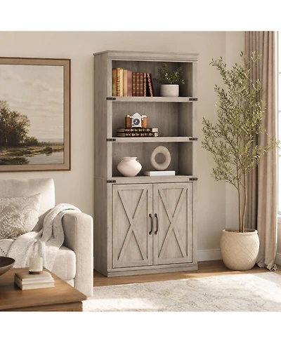 homfan Retro Bookcase with 2 Glass Doors, Display Cabinet with Shelves for Living Room Home Office Study