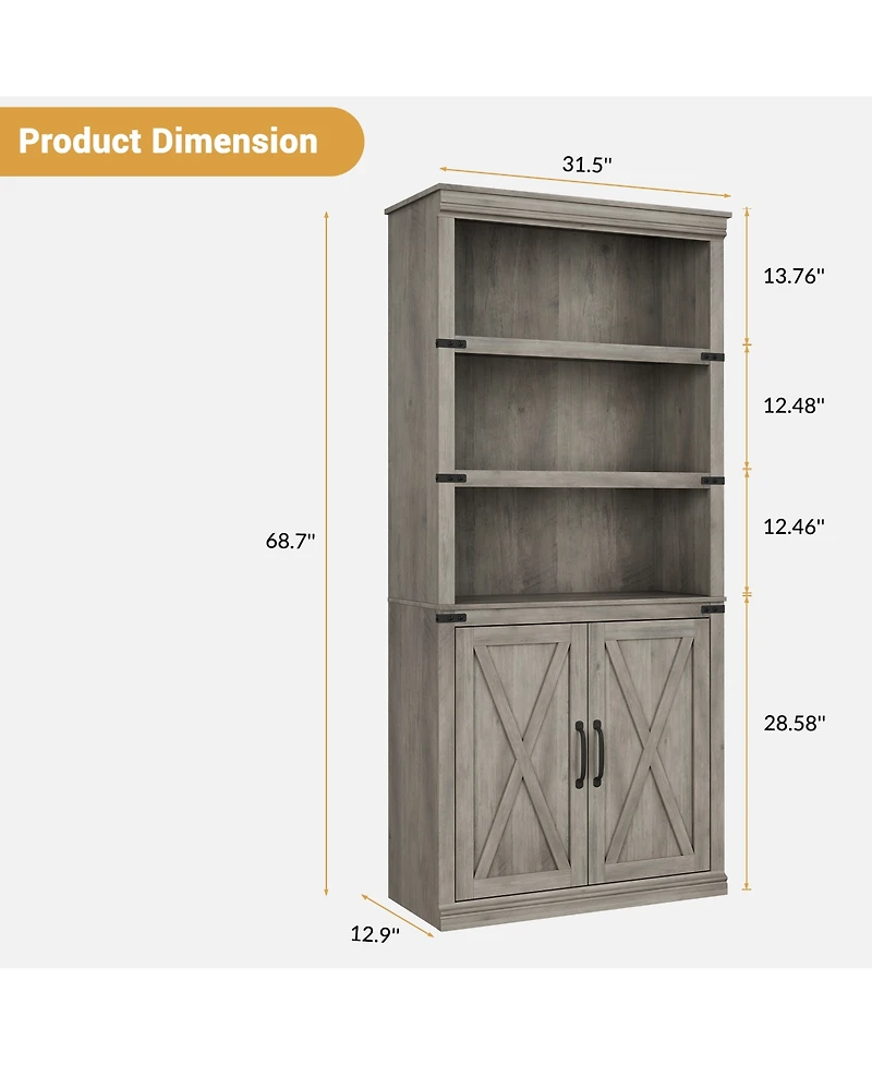 homfan Retro Bookcase with 2 Glass Doors, Display Cabinet with Shelves for Living Room Home Office Study