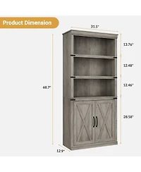 homfan Retro Bookcase with 2 Glass Doors, Display Cabinet with Shelves for Living Room Home Office Study