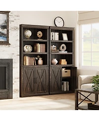 homfan Retro Bookcase with 2 Glass Doors, Display Cabinet with Shelves for Living Room Home Office Study