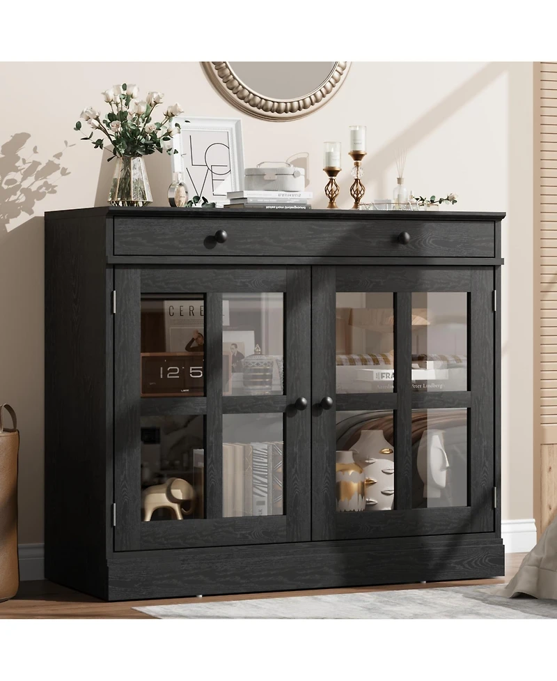 homfan 35.4 Inch Modern Sideboard Buffet with Glass Door and Drawer, Storage Cabinet for Kitchen Dining Room