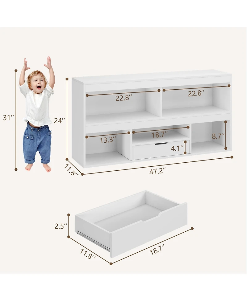 homfan 2-Tier Wooden Bookcase with 5 Cubbies and 1 Drawer, Modern Toy Storage Organizer for Playroom, Nursery and Bedroom