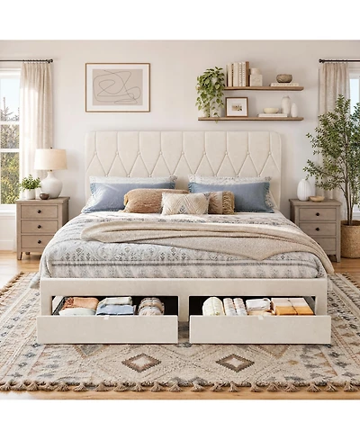 gaomon Bed Frame with 2 Drawers, Velvet Upholstered Platform Bed with Wooden Slats for Bedroom, No Box Spring Needed, Easy Assembly