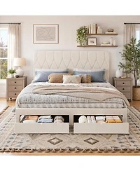 gaomon Bed Frame with 2 Drawers, Velvet Upholstered Platform Bed with Wooden Slats for Bedroom, No Box Spring Needed, Easy Assembly