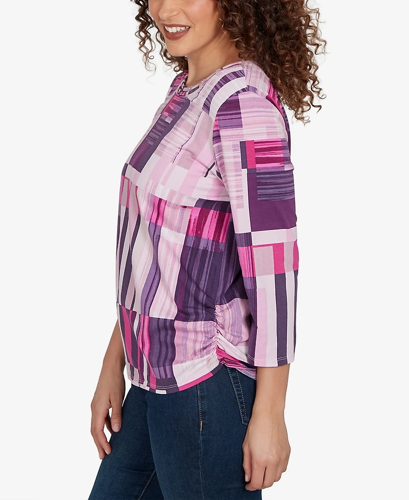 Alfred Dunner Petite Purple Bars Ruched Sides Top
